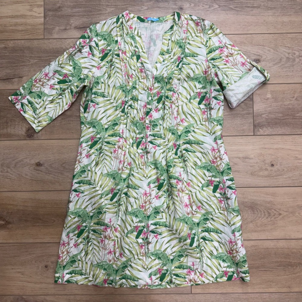 J.McLaughlin Womens Linen Tropical Palm Print Pintuck Tunic Dress Green Pink L